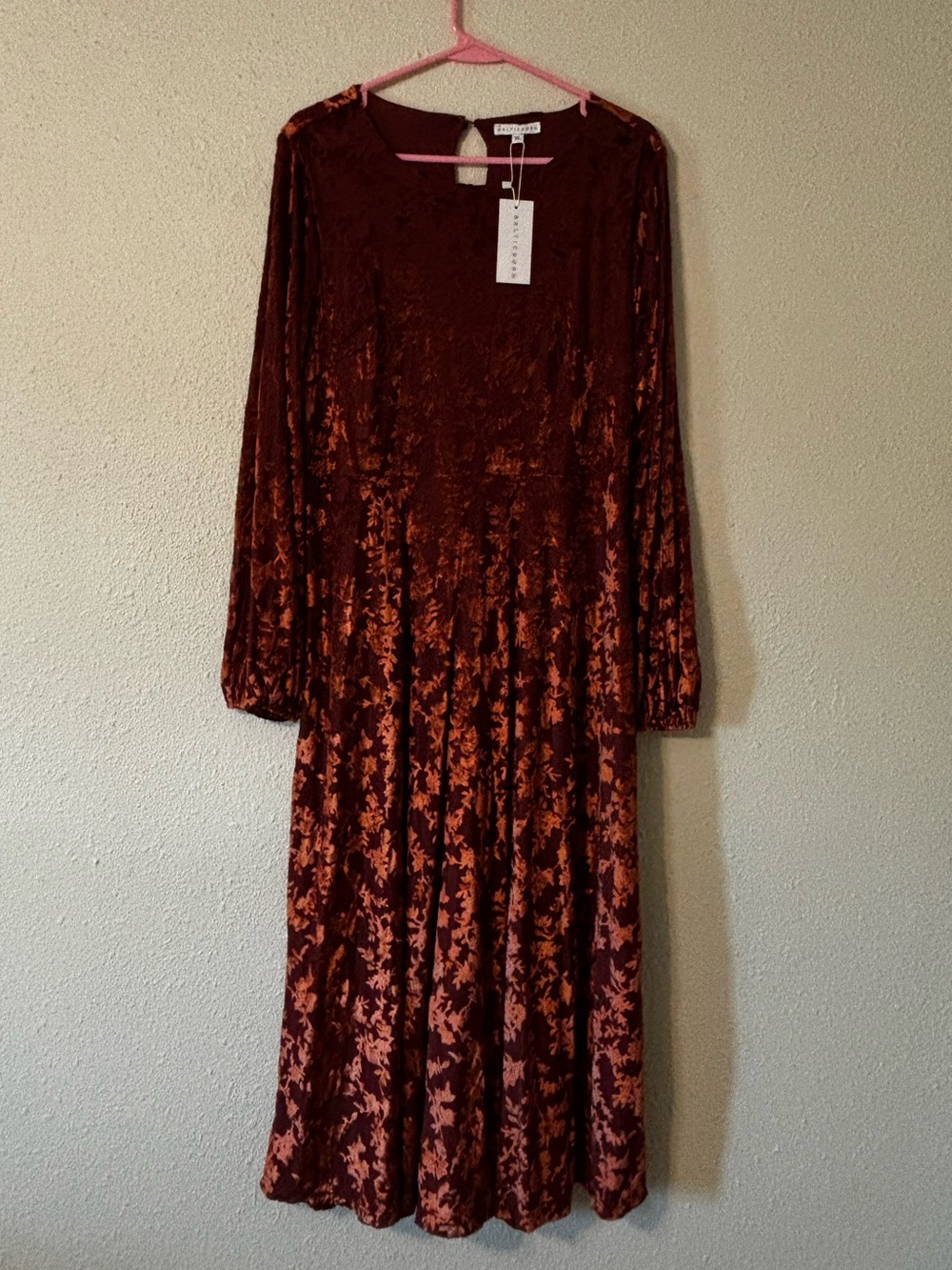 NWT Baltic Born Thora Velvet Copper Floral Long-Sleeve Midi Dress